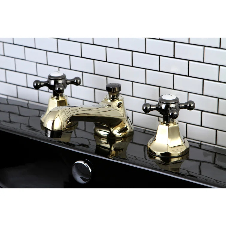 Kingston Brass Water Onyx Two-Handle 3-Hole Deck Mount Widespread Bathroom Faucet with Brass Pop-Up Drain