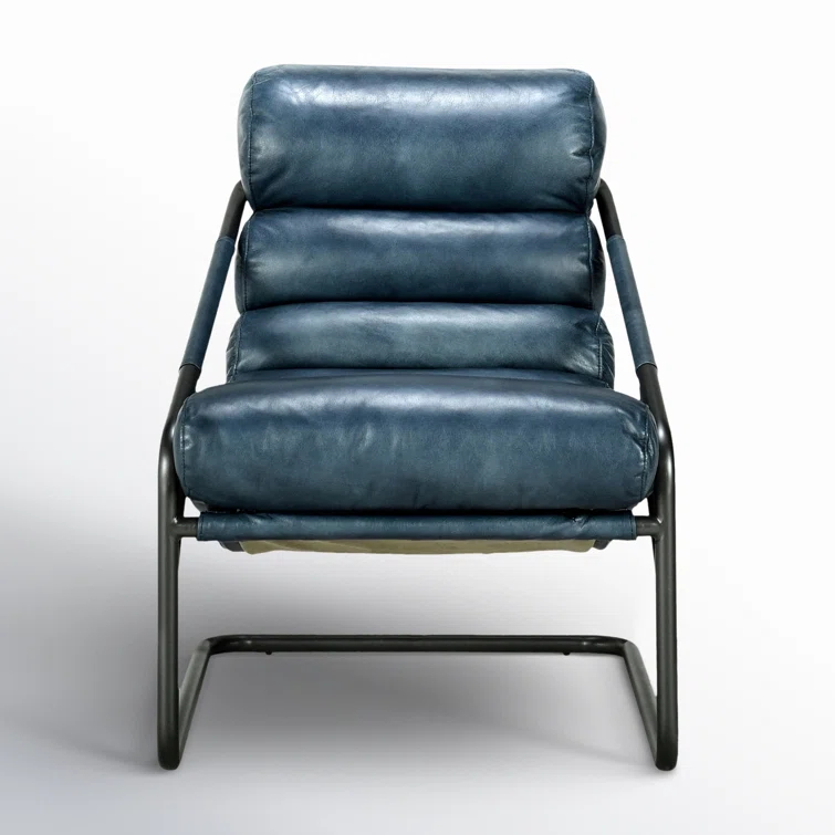 Handcrafted Blue Leather Barrel Accent Chair with Metal Frame