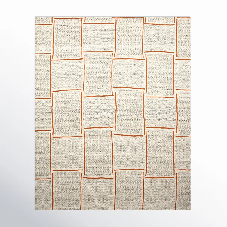 Ivory and Orange Rectangular Synthetic Indoor/Outdoor Rug