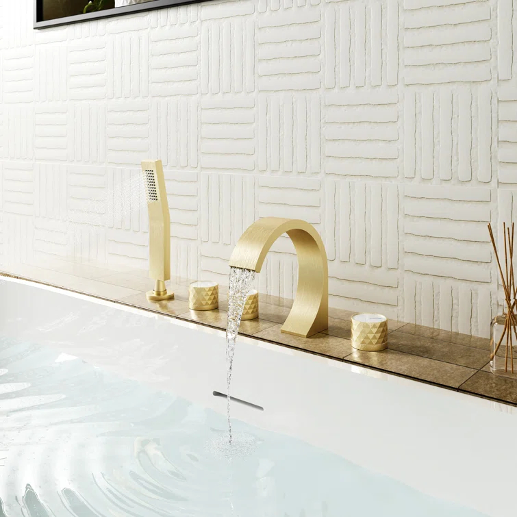 3 Handles Deck Mounted Bathroom Tub Faucet Trim with Handshower