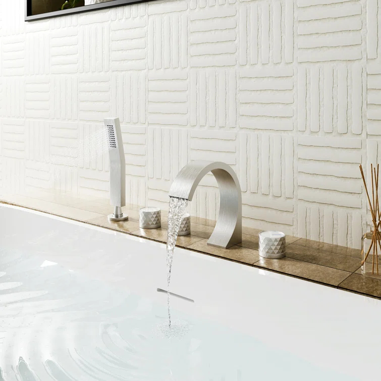 3 Handles Deck Mounted Bathroom Tub Faucet Trim with Handshower