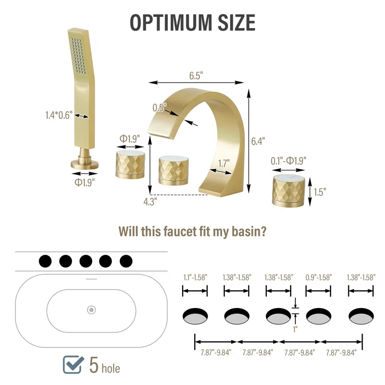 3 Handles Deck Mounted Bathroom Tub Faucet Trim with Handshower