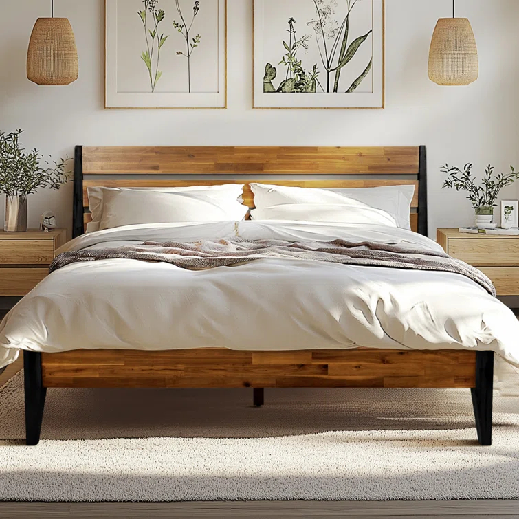 Acacia Premium Emery Solid Wood Platform Bed Frame with Headboard Included, No Box Spring Needed, Weight Capacity 800lb.