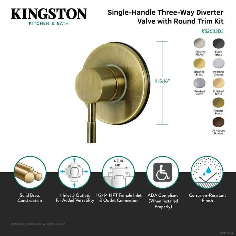Kingston Brass Concord Single-Handle Wall Mount Three-Way Diverter Valve with Trim Kit