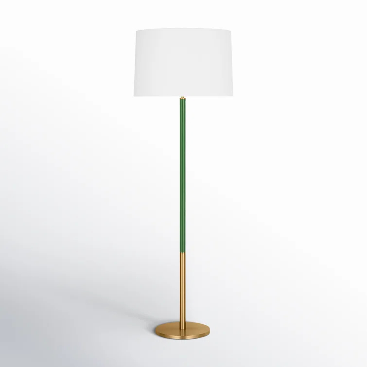 Burnished Brass and Green Floor Lamp with White Linen Shade