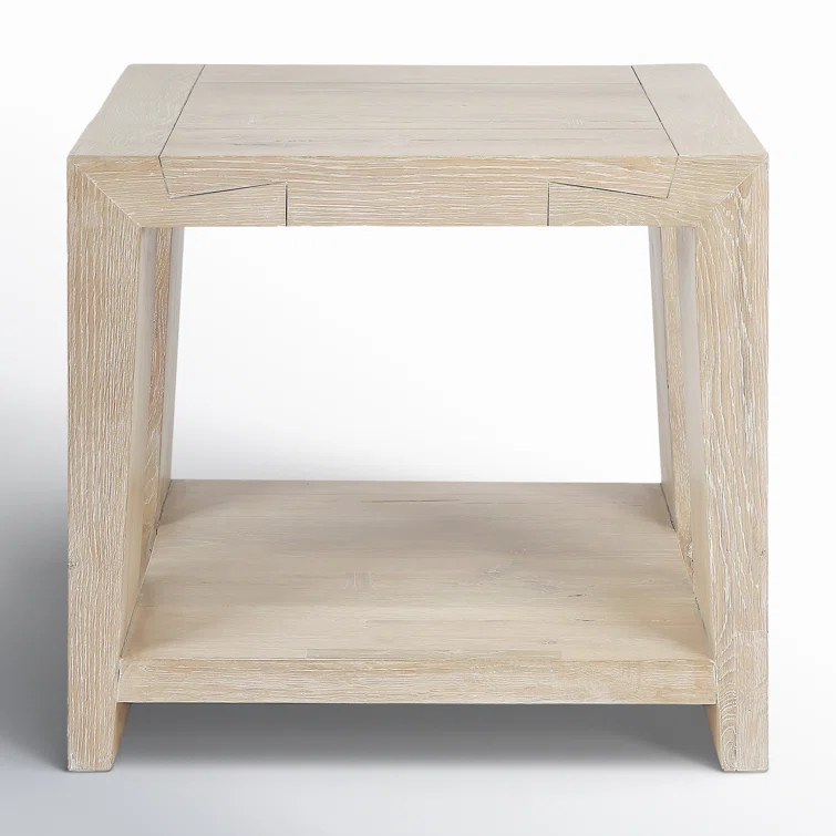 Tan Solid Oak Rectangular End Table with Shelf