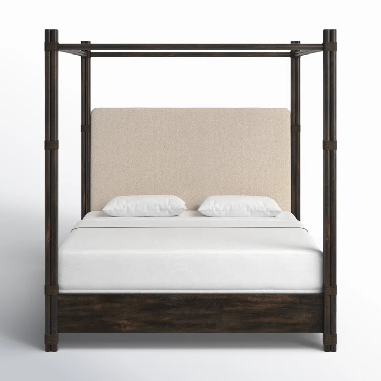 California King Dark Wood and Cream Upholstered Canopy Bed