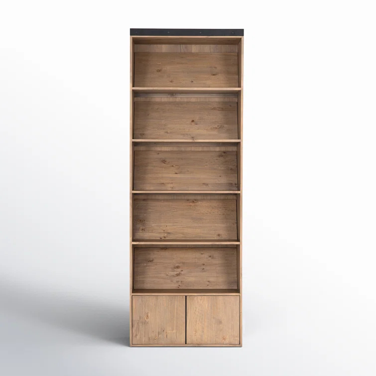 Smoked Pine Contemporary Ladder Bookshelf with Black Iron Accents