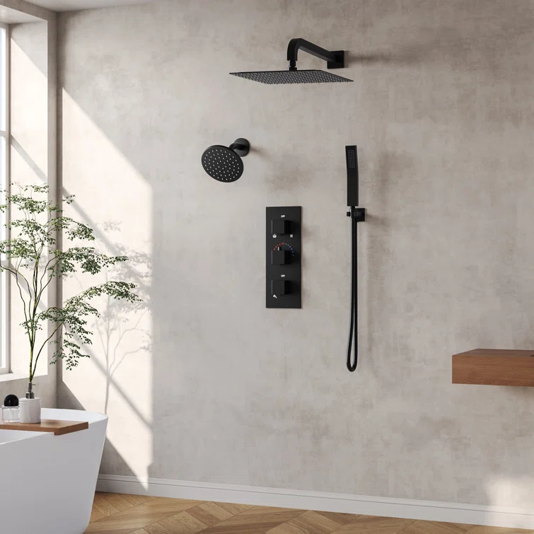 Thermostatic Dual Shower System 12" Rainfall Shower Head with Rough-in Valve