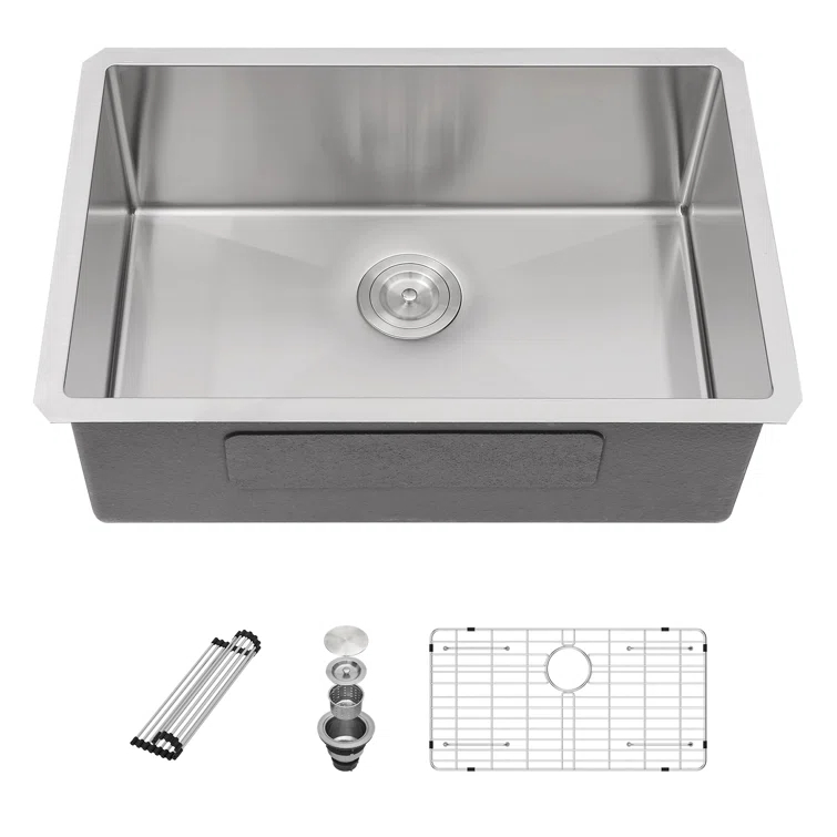 Sarlai 28'' L x 18" W Undermount Single Bowl Stainless Steel Kitchen Sink with Sink Grid and Basket Strainer SU2818R