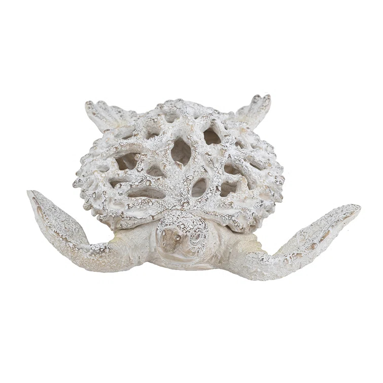 White Coral Reef Sea Turtle Resin Statue 13" x 12"