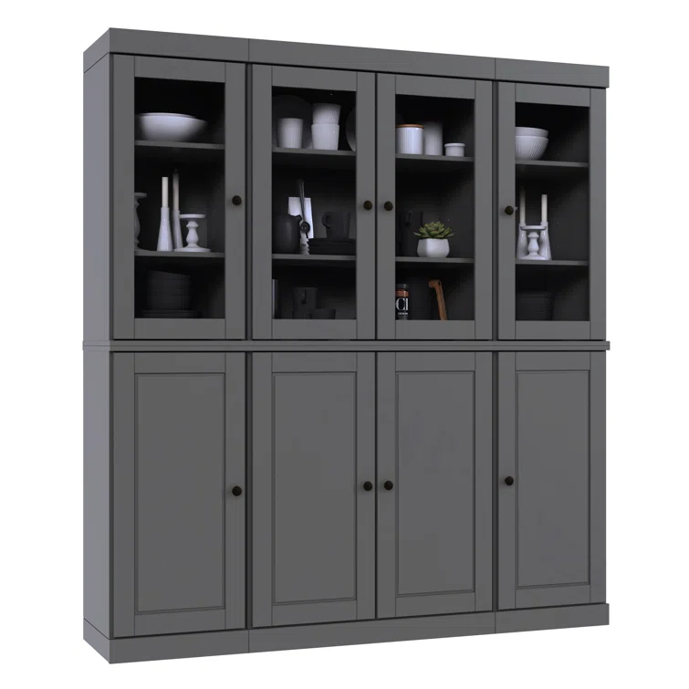 Pulcova 100% Solid Wood 65" Pantry Cabinet with Solid, Clear Glass Doors, 2-Drawers and Adjustable Shelves