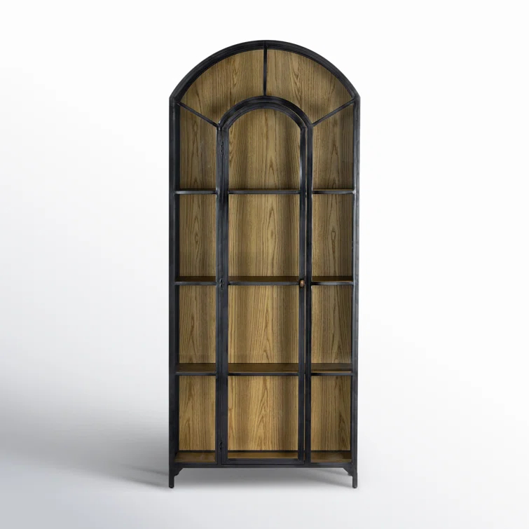 Tall Black Iron and Oak Arched Bookcase Cabinet