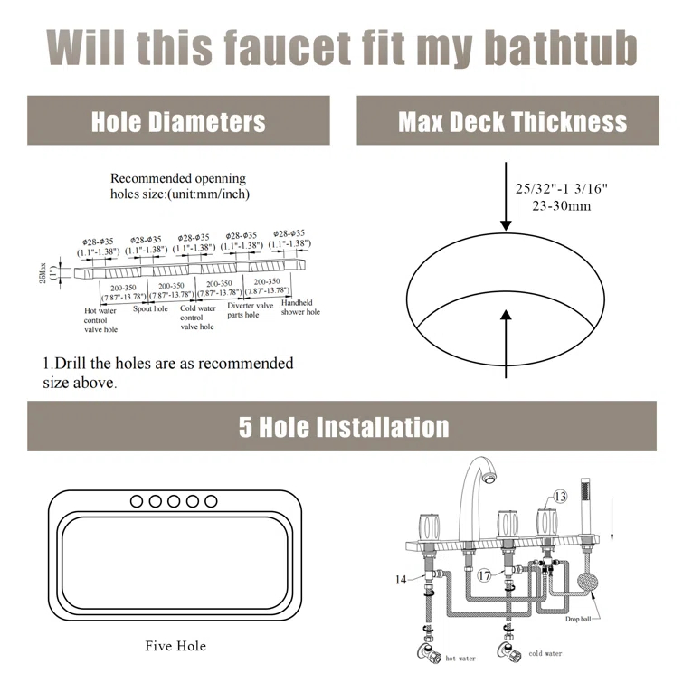 3 Handles Deck Mount Roman Tub Faucet With Hand Shower