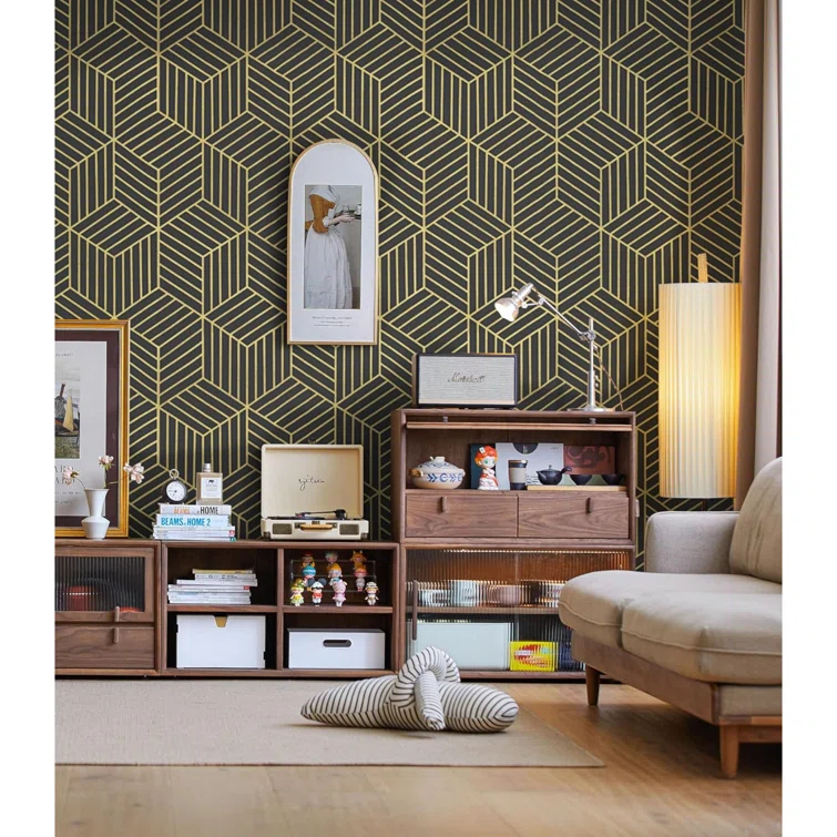 Wallpaper Black And Gold Peel And Stick Wallpaper Geometric Striped Hexagon Wallpaper Removable Self Adhesive Wall Paper Waterproof Vinyl Contact Paper For Cabinets Shelf Drawer 15.7"X78.7"