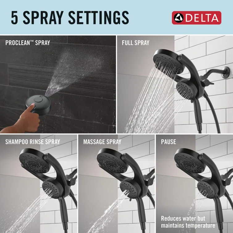 5-Setting HydroRain 2-in-1 Dual Shower Head with ProClean Spray