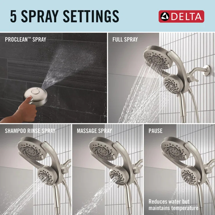 5-Setting HydroRain 2-in-1 Dual Shower Head with ProClean Spray