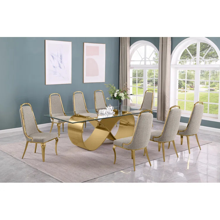 Tempered Glass Dining Set With Boucle Fabric Side Chairs