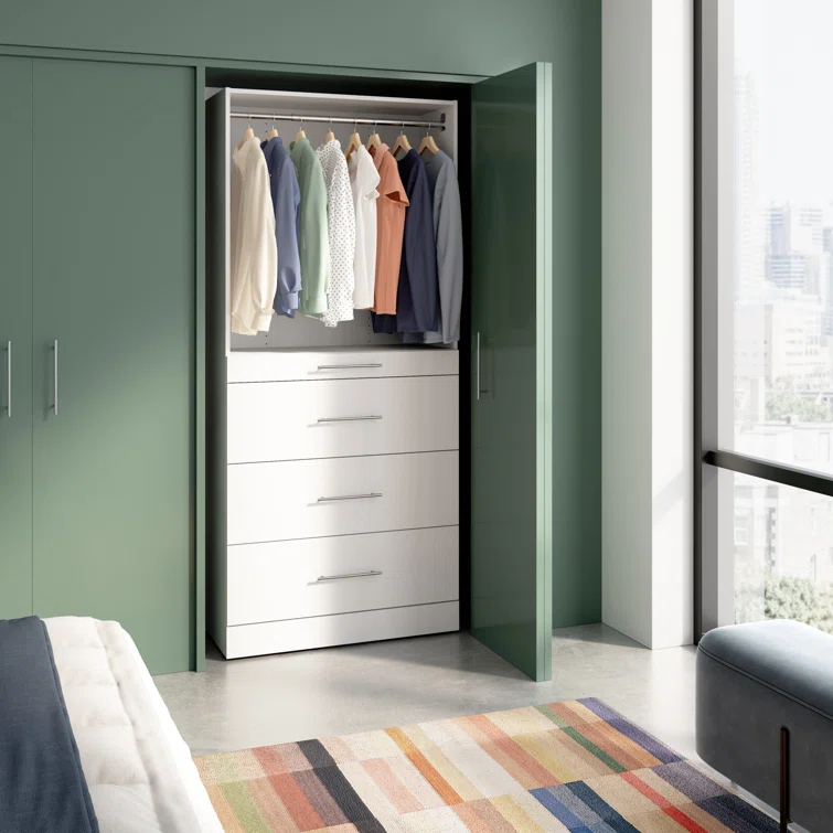 Bestar Florence Modular Reach-In Or Walk-In Closet System Tower With Shelves And 4 Drawers, Slab Style