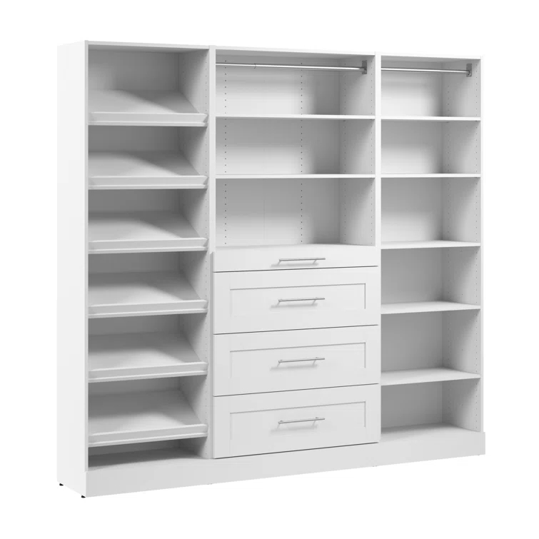 Bestar Florence 85W X 16D Modular Reach-In Or Walk-In Closet System With Drawers And Shoe Shelves, Shaker Style
