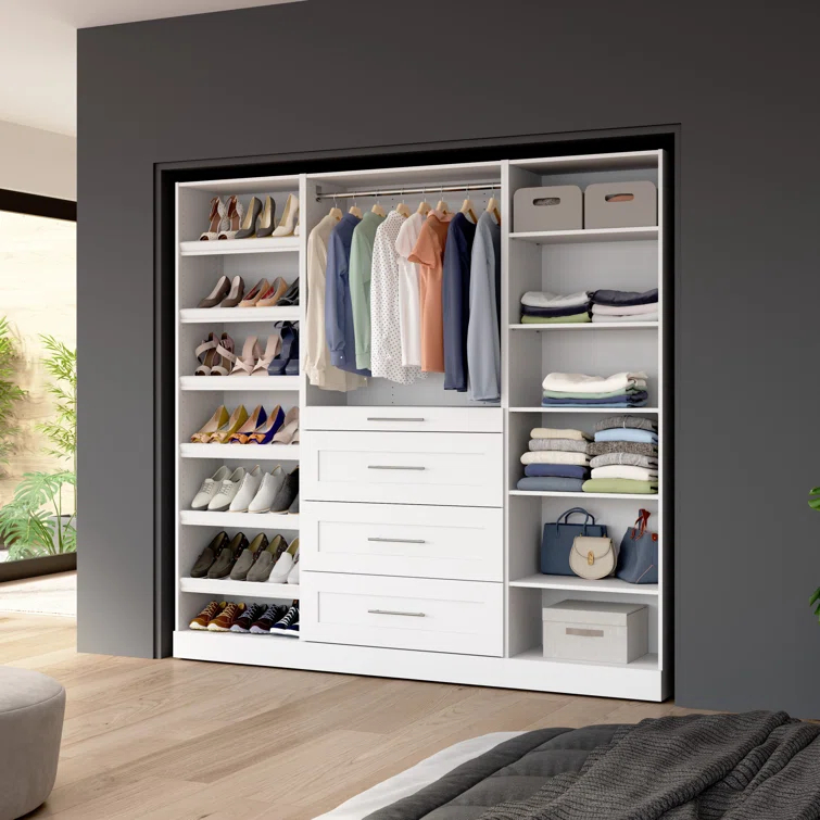 Bestar Florence 85W X 16D Modular Reach-In Or Walk-In Closet System With Drawers And Shoe Shelves, Shaker Style