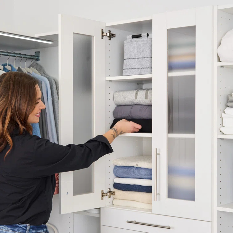 Bestar Florence113w X 61D Modular U Shaped Walk-In Closet System With LED Lights, Rods, Shelves, Drawers, And Doors, Shaker Style