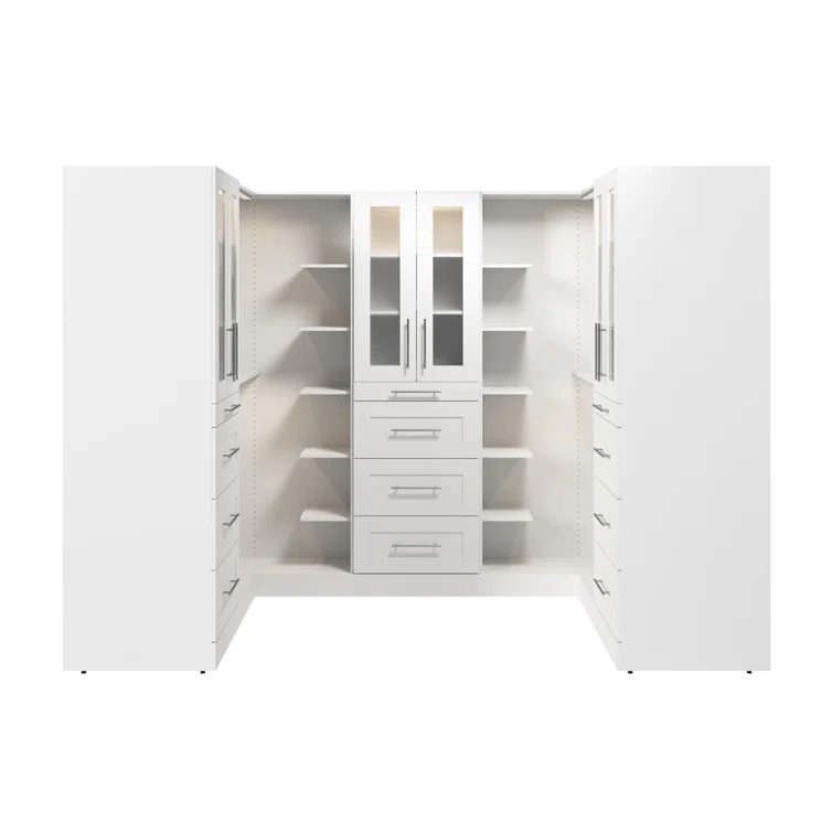 Bestar Florence113w X 61D Modular U Shaped Walk-In Closet System With LED Lights, Rods, Shelves, Drawers, And Doors, Shaker Style