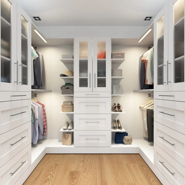 Bestar Florence113w X 61D Modular U Shaped Walk-In Closet System With LED Lights, Rods, Shelves, Drawers, And Doors, Shaker Style