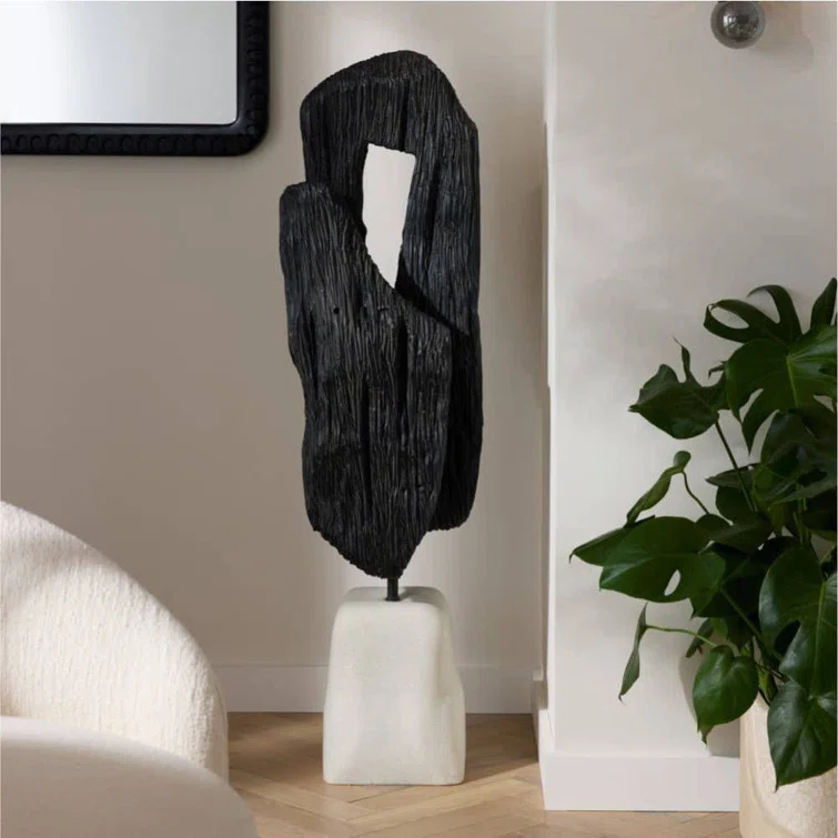 48" Black Resin Mudra Floor Sculpture with Ivory Base
