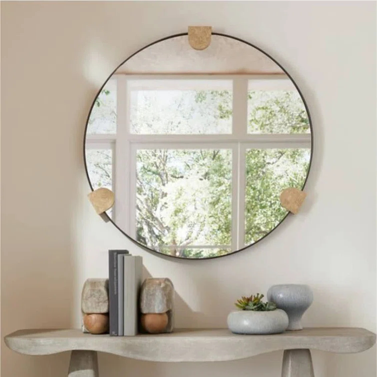 Round Bronze-Plated Steel Wall Mirror with Faux Travertine Resin
