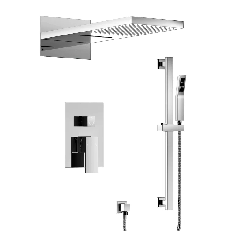 Dual-Function Wall Mounted Waterfall & Rainfall Shower Faucet Set With Rough-In Valve