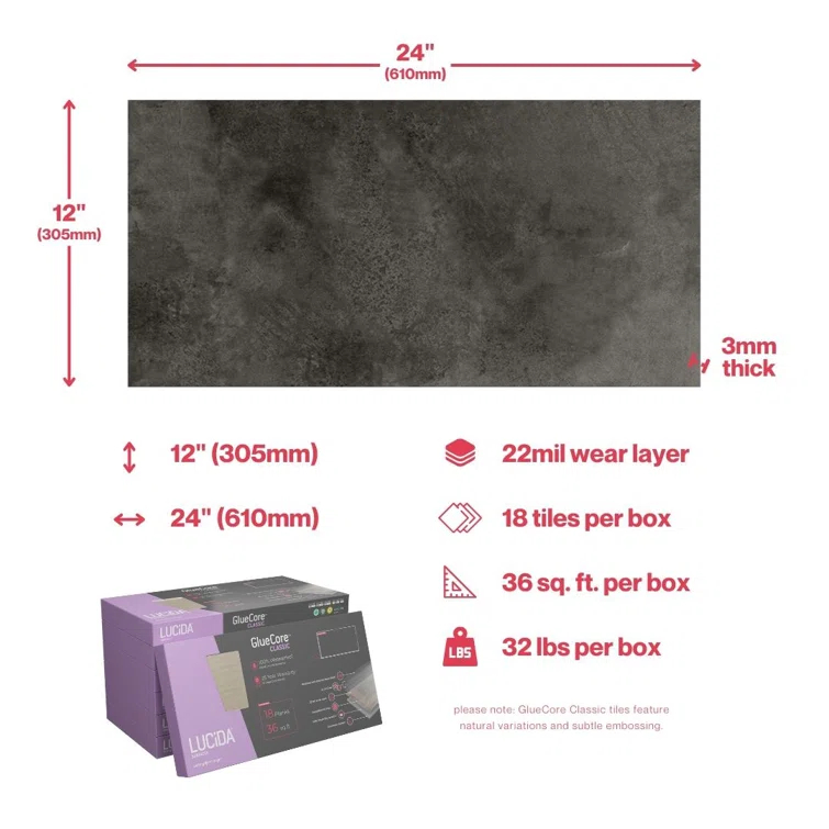 GlueCore Classic 22mil x 12" W x 24" L Glue Down Vinyl Tile Flooring