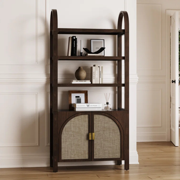 Boho 3-Shelf Bookshelf Cabinet With Rattan Doors
