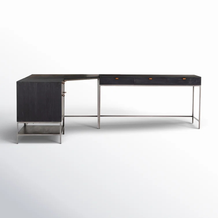 Black Wash Poplar Corner Writing Desk with Filing Cabinet