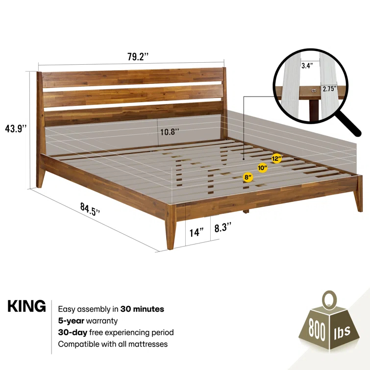 Acacia Premium Emery Solid Wood Platform Bed Frame with Headboard, Bed Frame Noise-Free, No Box Spring Needed
