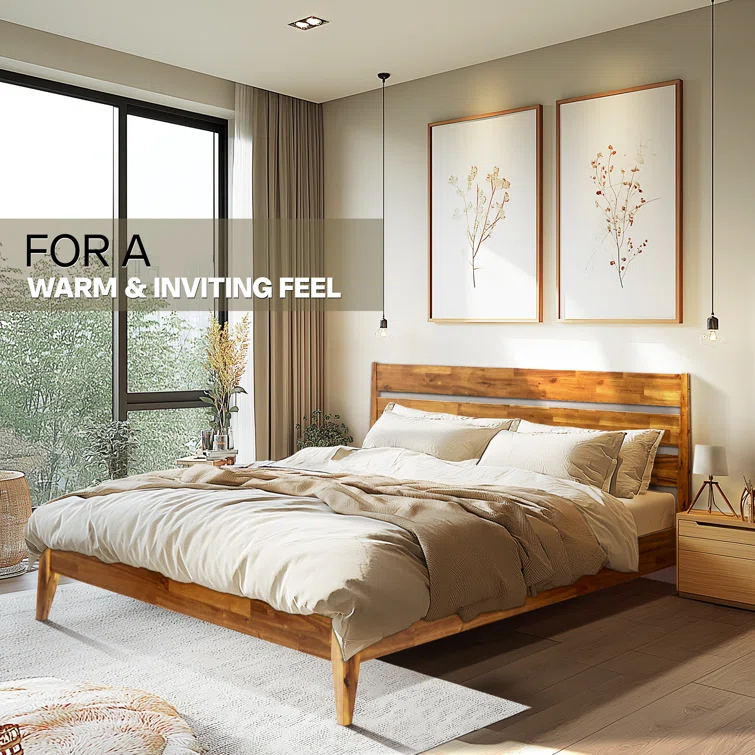 Acacia Premium Emery Solid Wood Platform Bed Frame with Headboard, Bed Frame Noise-Free, No Box Spring Needed