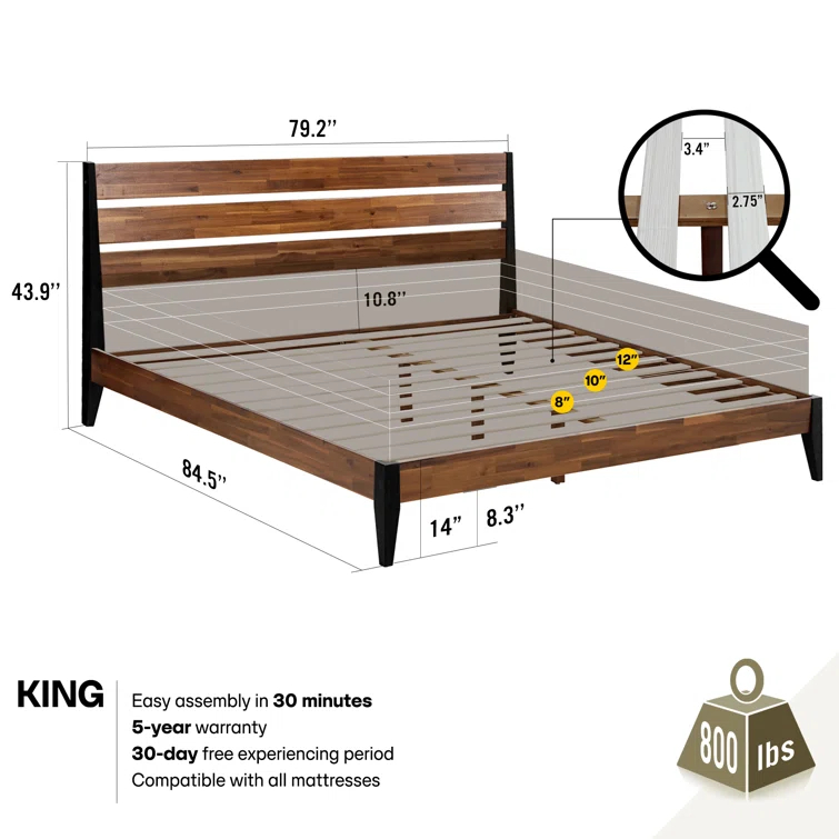 Acacia Premium Emery Solid Wood Platform Bed Frame with Headboard Included, No Box Spring Needed, Weight Capacity 800lb.