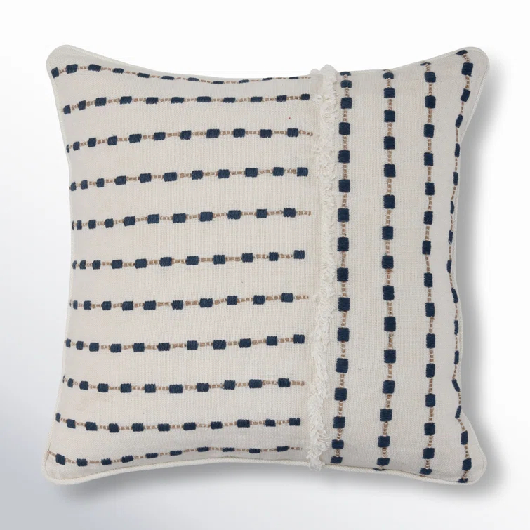 Kassia Blue Embroidered Linen Square Throw Pillow