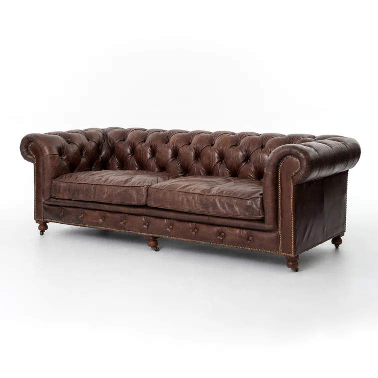 Cigar Brown Genuine Leather Chesterfield Sofa with Nailhead Trim
