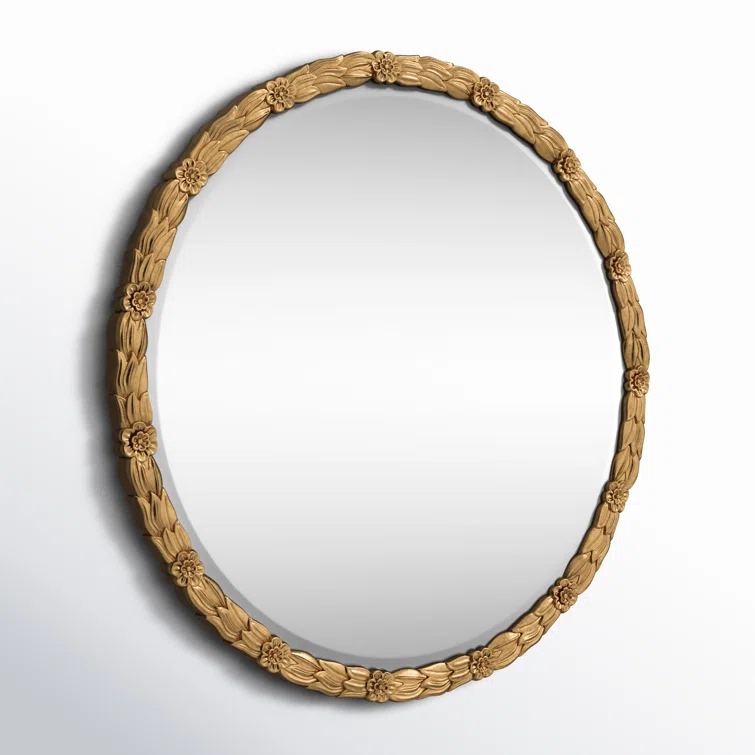 Round Gold Antique Wood Bathroom Mirror