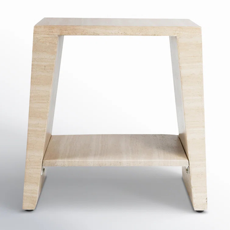 Beige Geometric Stone Outdoor End Table with Shelf