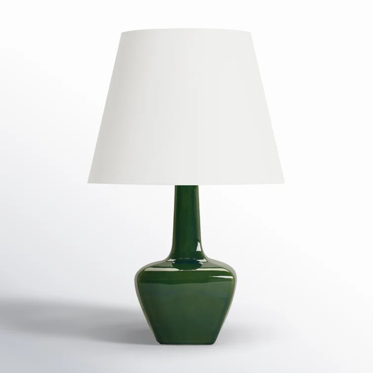 Green Ceramic Table Lamp with White Linen Shade, 28"