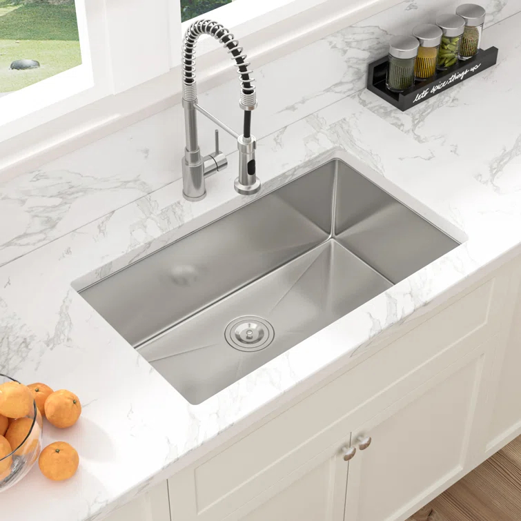 Sarlai 28'' L x 18" W Undermount Single Bowl Stainless Steel Kitchen Sink with Sink Grid and Basket Strainer SU2818R