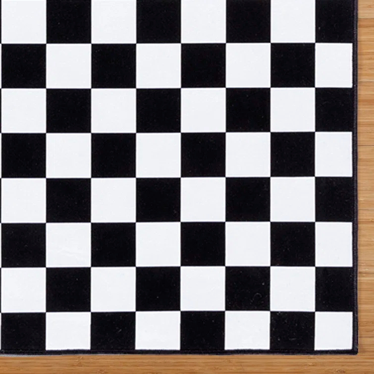 Gertmenian Crystal Print Checkered Modern Contemporary Black White Washable Flat Pile Indoor Area Rug