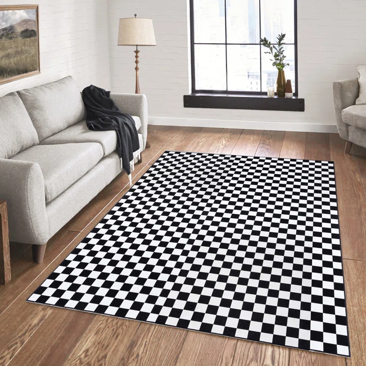 Gertmenian Crystal Print Checkered Modern Contemporary Black White Washable Flat Pile Indoor Area Rug