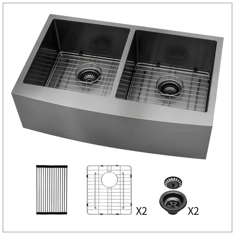 Gunmetal Black Double Bowl (50/50) Farmhouse Sink- 33"X21"X10"Stainless Steel Apron Front Kitchen Sink 16 Gauge With Two 10" Deep Basin