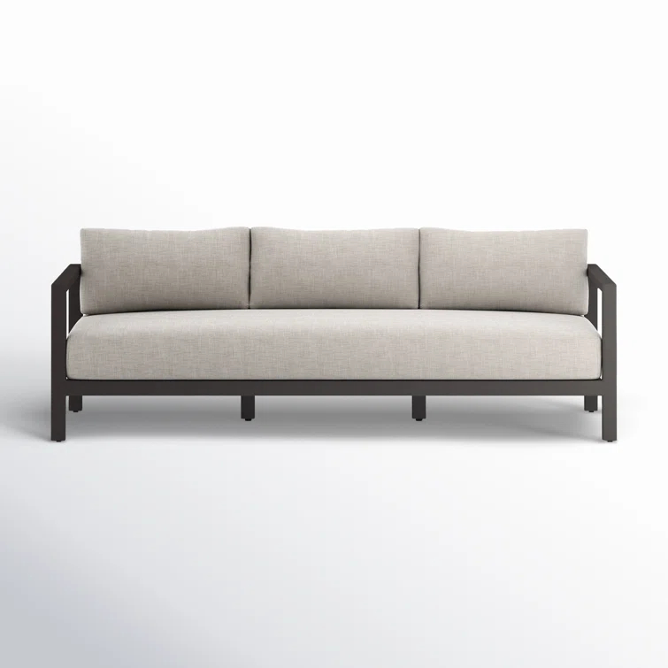 Contemporary Bronze-Finished Teak 87'' Three-Seater Sofa in Stone Grey