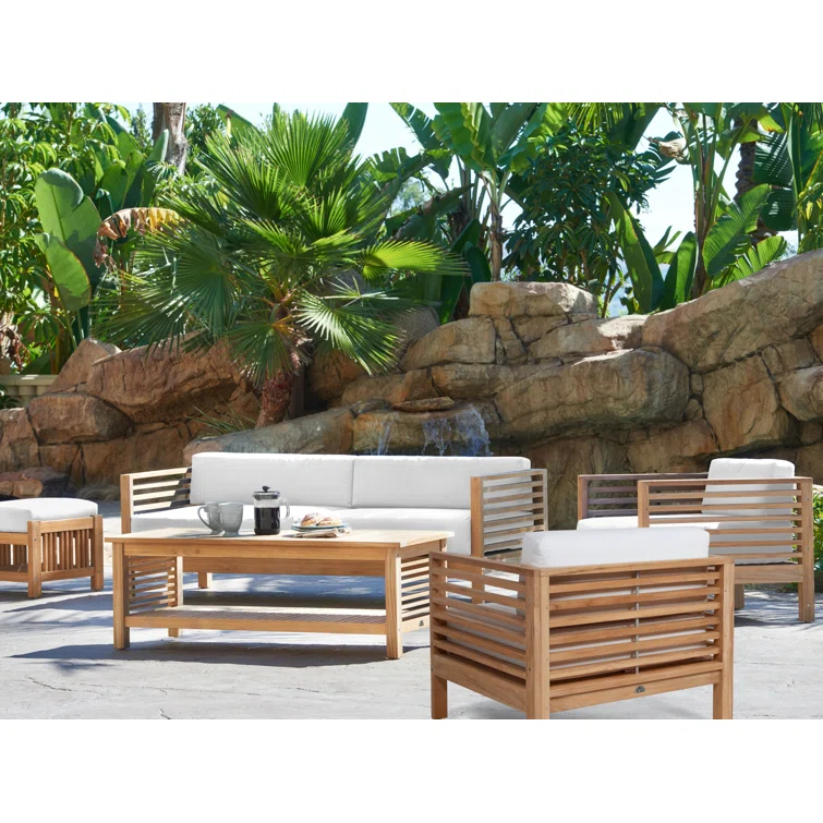 Summer Natural Teak Patio Sofa Set with White Sunbrella Cushions