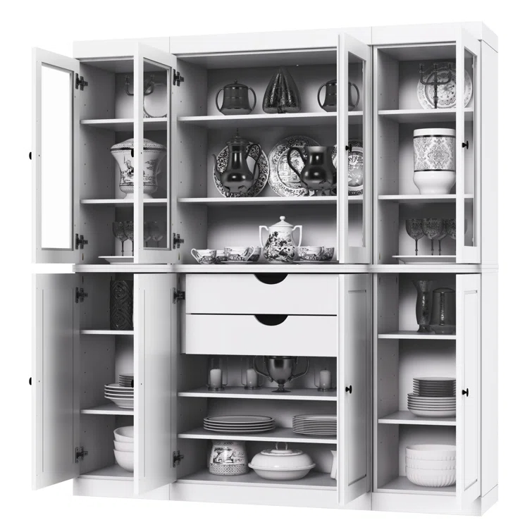 Pulcova 100% Solid Wood 65" Pantry Cabinet with Solid, Clear Glass Doors, 2-Drawers and Adjustable Shelves