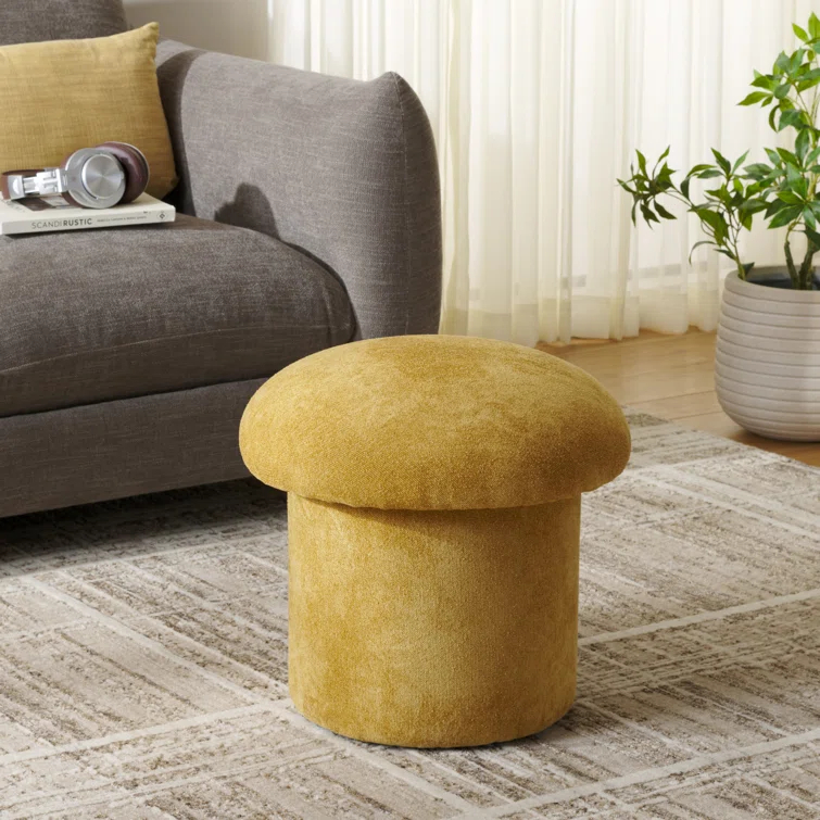 Mustard Yellow Upholstered Round Ottoman with Solid Wood Base